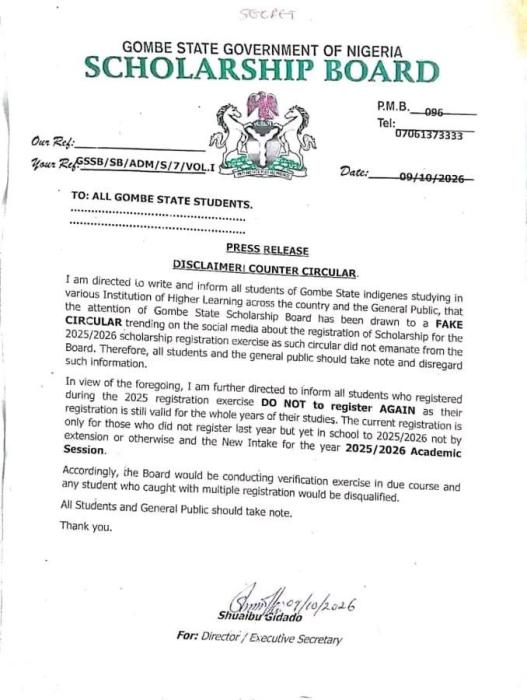 Gombe State Scholarship Board disclaimer notice circular